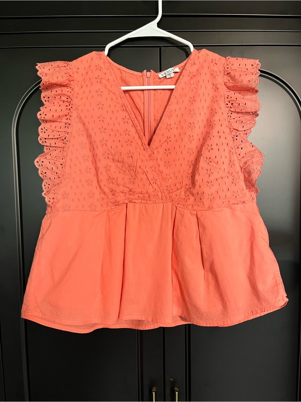 VENUS Coral Eyelet Ruffle Sleeve Peplum Top